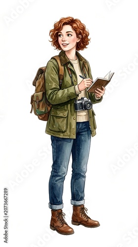 Watercolor illustration of a cheerful young traveler holding a camera and map with a backpack and hiking boots