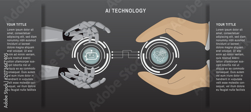 Futuristic AI technology concept showing collaboration between human and robotic hands through a digital interface, symbolizing artificial intelligence, automation, innovation, and smart systems.