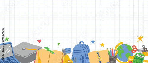 Background for school, school theme. back to school border with laptop, graduation cap, backpack, pencils, globe, calculator, books, and classroom supplies arranged along the bottom edge