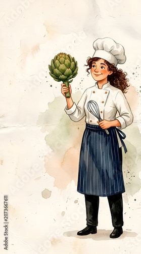 Smiling female chef in white uniform and tall hat holding a fresh artichoke, watercolor illustration of culinary joy