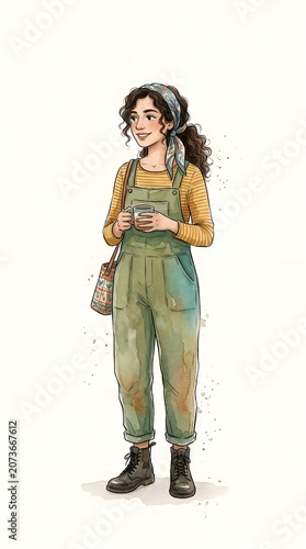 Young woman in green overalls holding a coffee cup, standing confidently in a watercolor illustration style