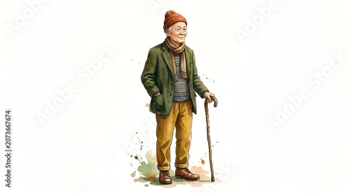 Elderly man in warm winter clothing standing alone with a walking cane, watercolor illustration in soft pastel tones