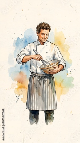 Cheerful male chef in striped apron cooking with wooden spoon in watercolor illustration style