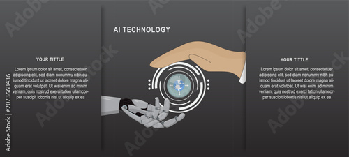 Modern AI technology vector illustration showing collaboration between human and robotic hands around a digital globe interface. Concept of artificial intelligence, global connectivity, automation,