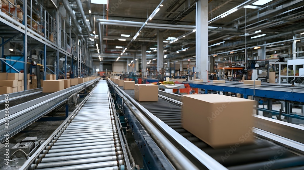Fototapeta premium An efficient assembly line features moving conveyor belts transporting boxes symbolizing harmony and smooth industrial workflow