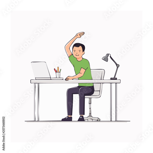 Man stretching at desk with laptop and lamp