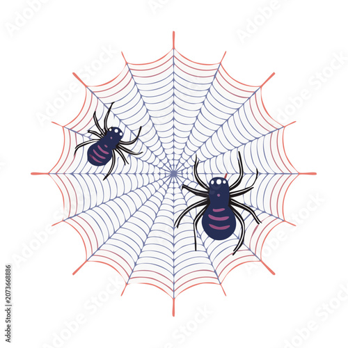 Spider Web with Two Spiders Flat Vector Illustration