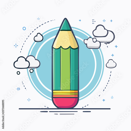 Stylized illustration of a green pencil with clouds and abstract elements