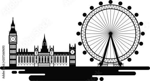 Cuadro en lienzo London skyline silhouette vector with Big Ben and London Eye, uk travel landmark