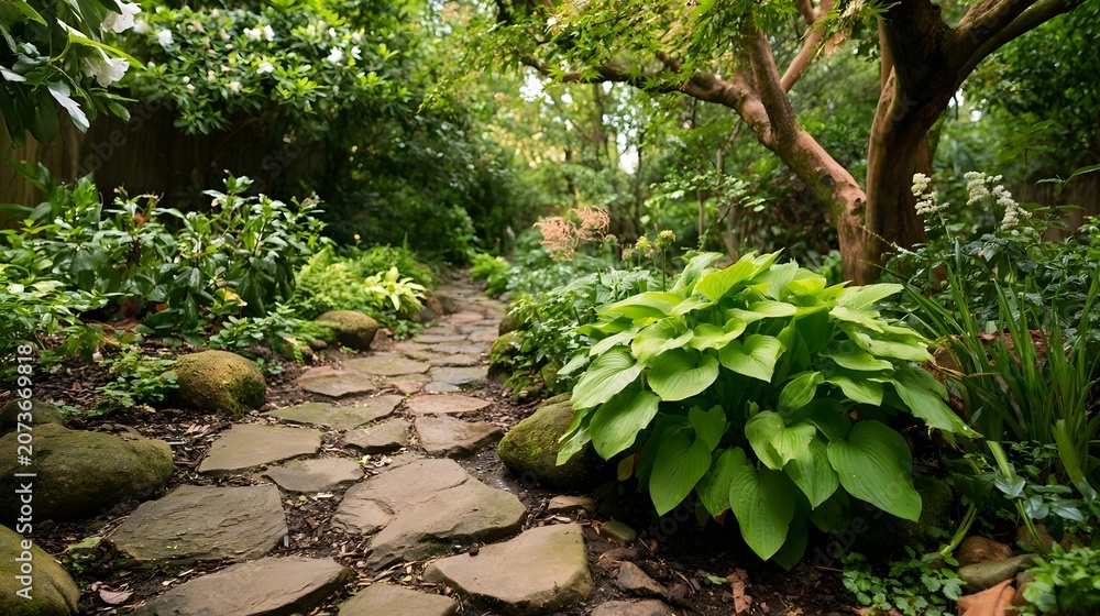 Naklejka premium A majestic garden path surrounded by earthy tones and rustic textures creates a brilliant and therapeutic natural beauty