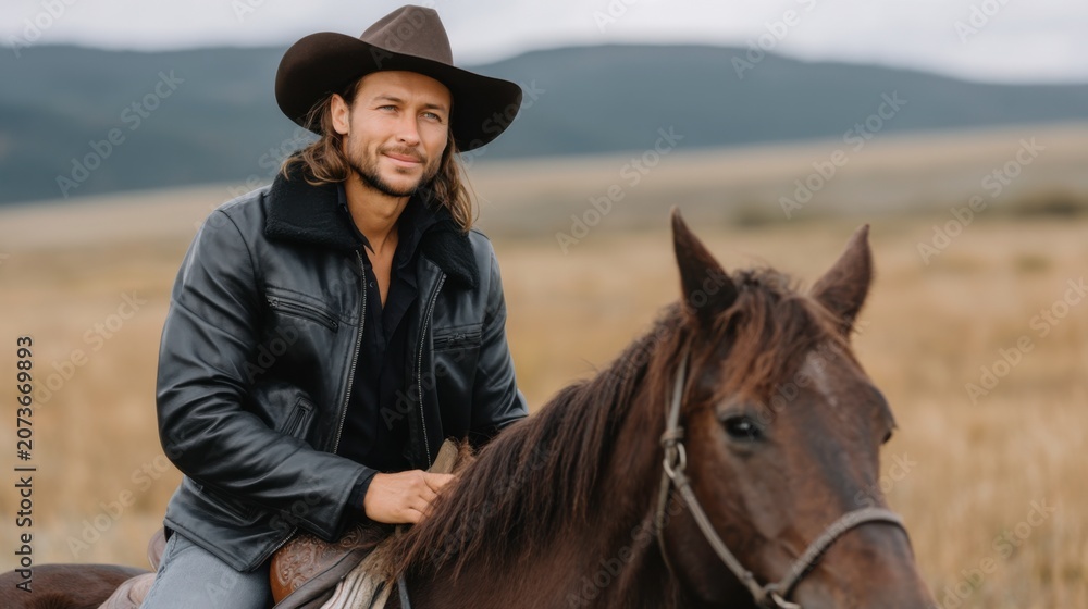 Obraz premium Self assured cowboy on horseback navigating a tranquil landscape featuring gentle hills and an impressive sky
