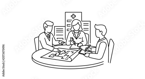 Healthcare professionals collaborating on building plans at a round table with city skyline