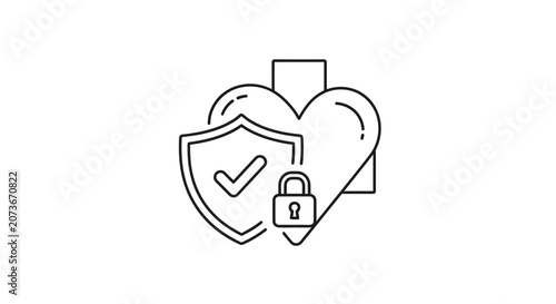 Heart health protection icon: shield, lock, checkmark, medical cross