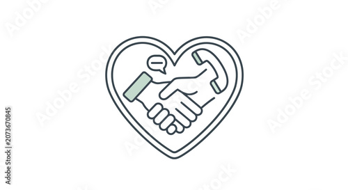 Heart shape with handshake and phone icon, symbolizing support, connection, and care