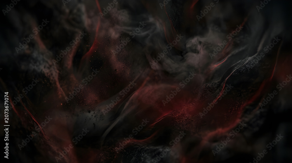 Fototapeta premium Dark abstract background with swirling red and black smoke like clouds or fog in a mysterious and ominous atmosphere with glowing red lights