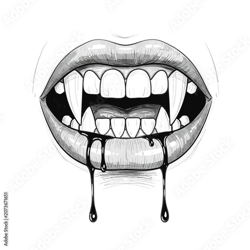 Realistic Black and White Sketch of Bloody Lips