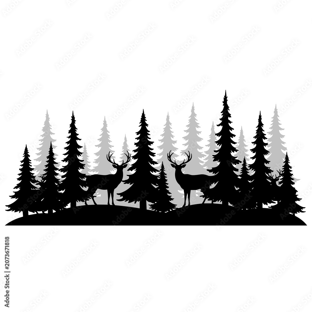 Obraz premium Deer Family Silhouettes in Pine Forest Landscape