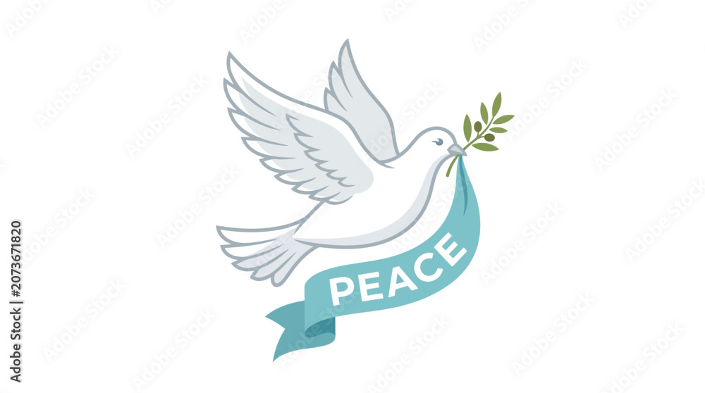 Fototapeta premium White Dove Carrying Olive Branch and Peace Ribbon
