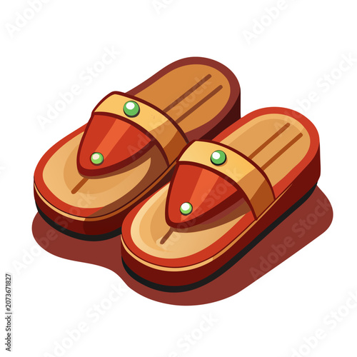 a pair of traditional red and brown flip-flop sandals with green gem decorations and gold straps, shown in an isometric style.