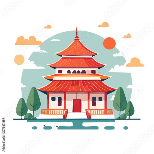Flat illustration of an Asian temple with pagoda roof