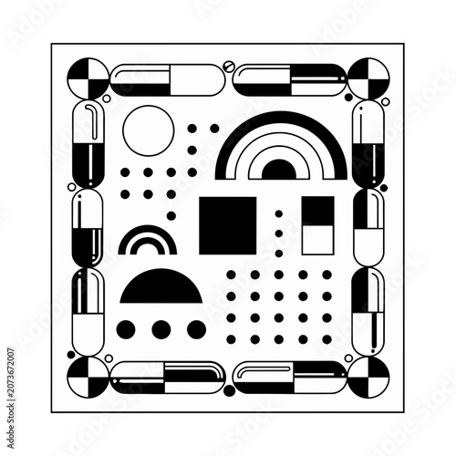 Minimalist black and white pills and geometric shapes vector pattern