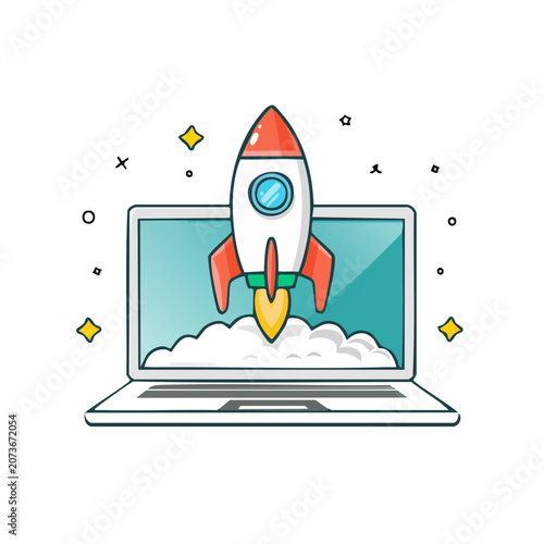 Rocket launching from laptop flat vector illustration
