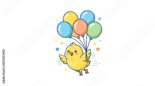 Fotografie Cute Chick Flying with Balloons