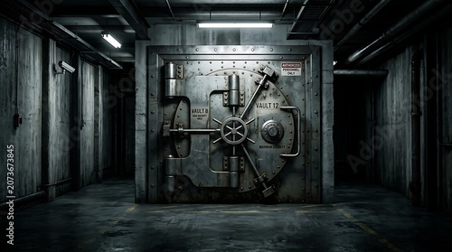 Large metal vault door with combination lock in dimly lit corridor