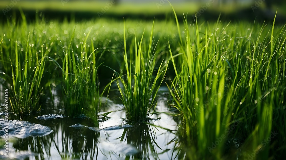 Fototapeta premium A sparkling and lush rice paddy reflects gentle waves and wisps of foam in a serene natural setting