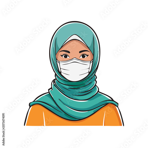 Woman in hijab and face mask flat vector illustration