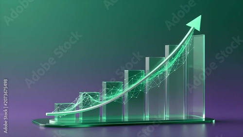 3D business growth bar chart with a rising green arrow, representing financial success and market trends