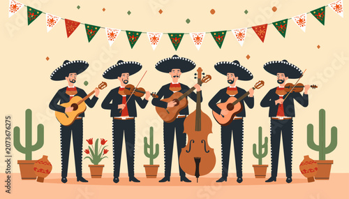 Photos Five mariachi musicians performing with traditional instruments under festive bunting and surrounded by potted cacti, celebrating Mexican culture