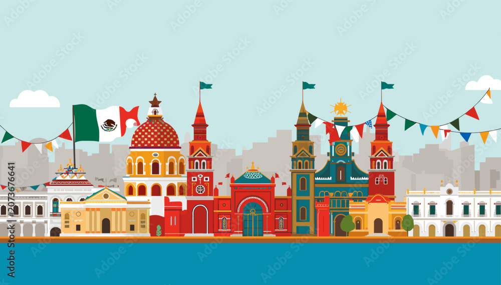 Fototapeta premium Vibrant Mexican cityscape illustration with traditional architecture, festive decorations, and a prominent national flag.