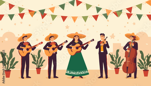 Schilderij op canvas A vibrant illustration of a mariachi band performing with guitars, violin, and double bass under festive bunting, celebrating Mexican culture