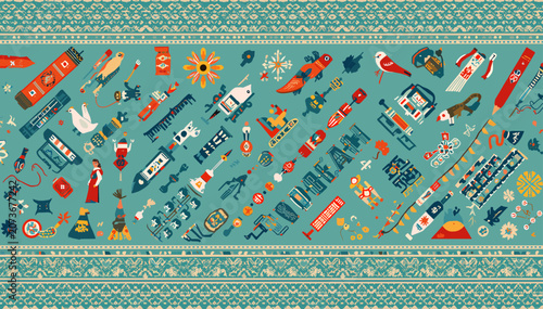 Obraz na plátně A vibrant and detailed illustration featuring a diverse collection of small, colorful objects arranged in a horizontal band with decorative borders
