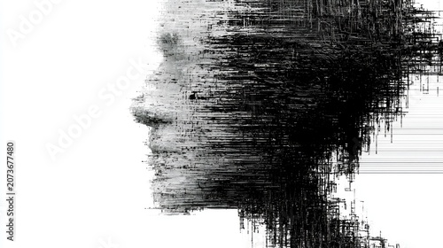 Distorted profile of a human face dissolving into digital noise