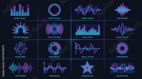 Audio interface elements display various digital sound wave patterns and frequency spectrums in a grid layout.