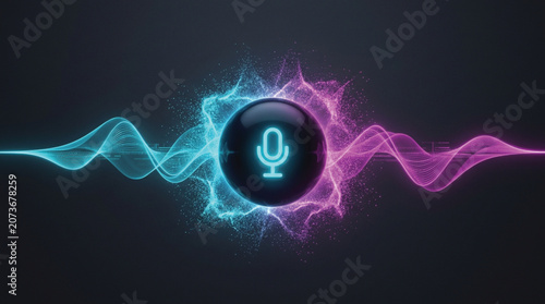 Microphone icon glows with vibrant blue and pink digital sound waves emanating from the center against a dark background.