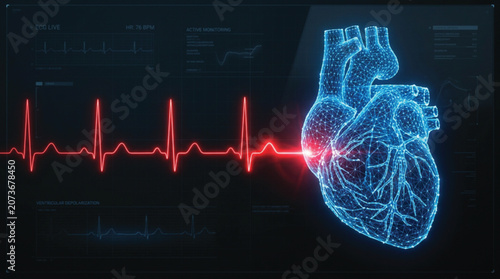 Heart anatomy displays a digital wireframe model pulsing with a rhythmic electrocardiogram line on a dark interface.