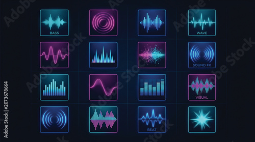 Frequency icons exhibit various sound wave representations in a uniform grid arrangement.