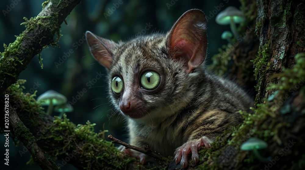 Fototapeta premium Cute Galago Bush Baby in Mystical Night Forest with Mushrooms