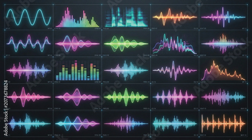 Audio waveforms display vibrant frequency patterns in a structured grid format.