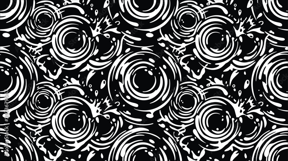 Fototapeta premium Seamless repeating pattern of concentric circular water ripples in contrast black and white style