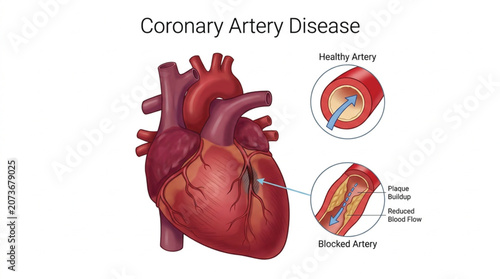 Coronary artery disease is illustrated through a detailed comparison of a clear vessel versus a blocked arterial path.