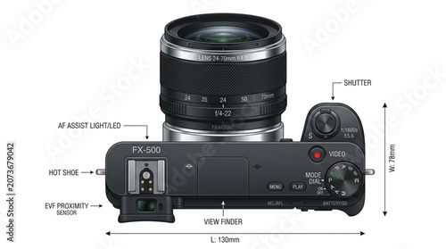 Camera technical schematic displays the top-down dimensions and structural features of a digital mirrorless body with a lens attached.