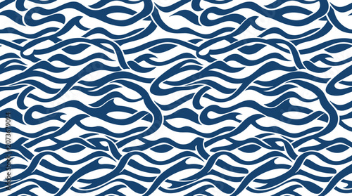 Seamless repeating pattern of intertwined dark blue wavy ribbon lines on a solid white background