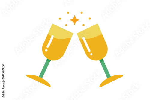 Two champagne glasses clinking together with yellow liquid and green stems in a celebratory toast with sparkles