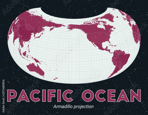 Pacific Ocean. World map. Armadillo projection centered to Pacific Ocean. Pale Mint Dark Pink palette. Vintage texture. Alive vector illustration.