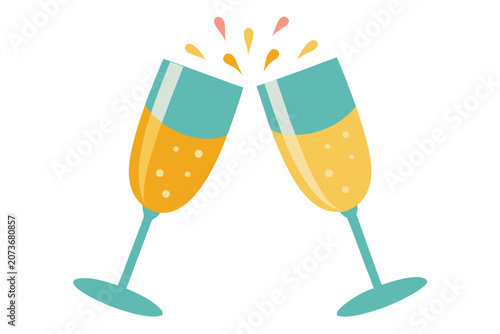 Two champagne glasses clinking together with yellow and pink splashes