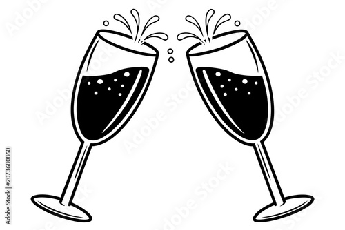 Two champagne glasses clinking together with splashing liquid in a celebratory vector graphic illustration